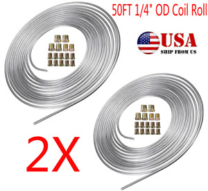 2X 50Ft Coil Roll 1/4"OD Zinc-Coated Nickel Brake Line Tubing Kit W/32X Fittings