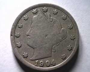 1904 LIBERTY NICKEL SEHR GUT / FEIN VG/F SCHÖNE ORIGINAL MÜNZE BOBS MÜNZEN 99c SCHIFF - Bild 1 von 2