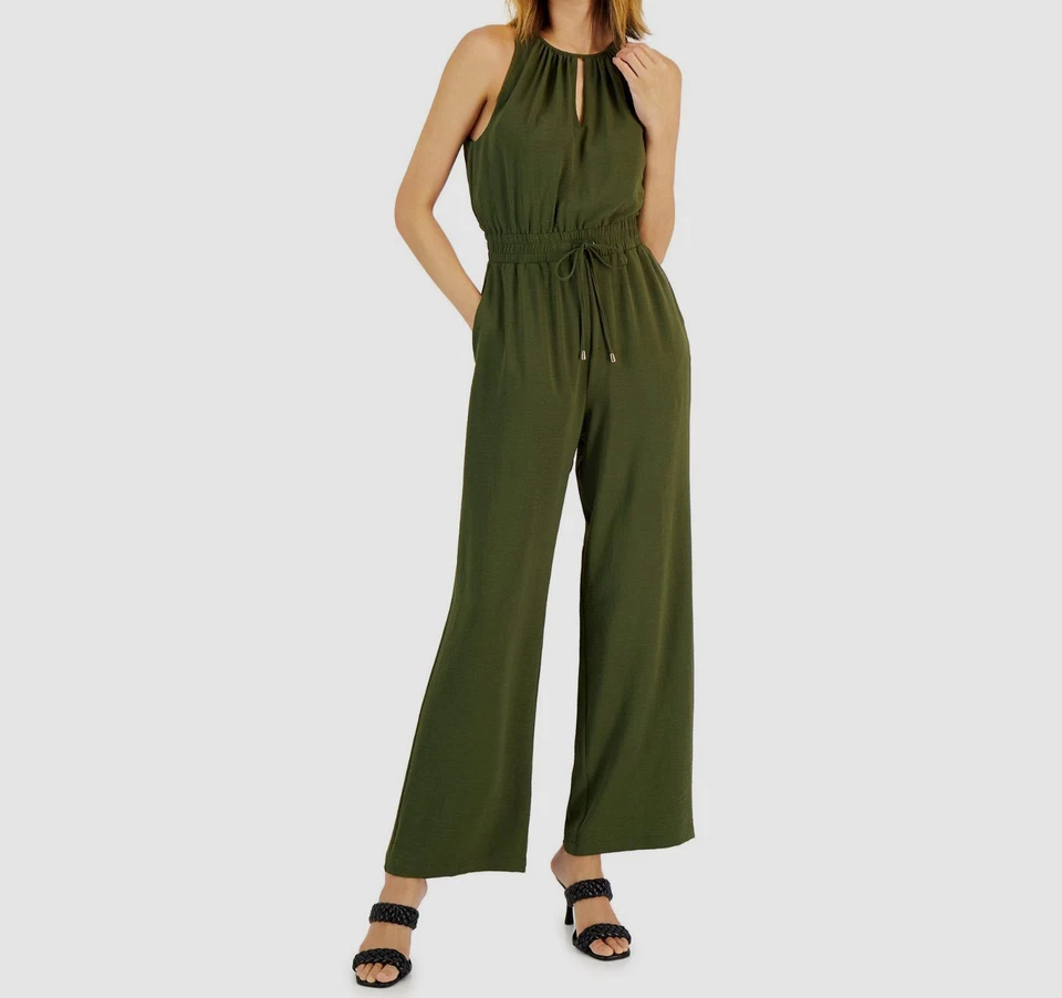 Tahari Asl Women's Green Round Keyhole Neck Self Tie Waist Jumpsuit Size 4