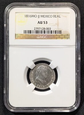 1816-Mo JJ NGC AU53 Mexico Mint One 1 Reale War of Independence Silver Coin - Image 1 of 4