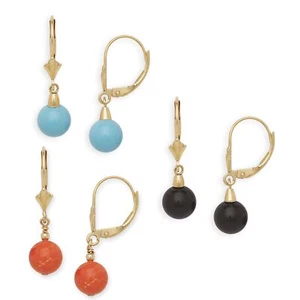 Solid 14k Gold OR Sterling Silver 7mm  Black Onyx, Blue Turquoise and Coral - Picture 1 of 9