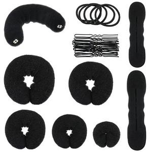 Black Donut Hair Bun Maker Set 34 Pcs Sponge Foam Elastics Bands Hairpins - Picture 1 of 7