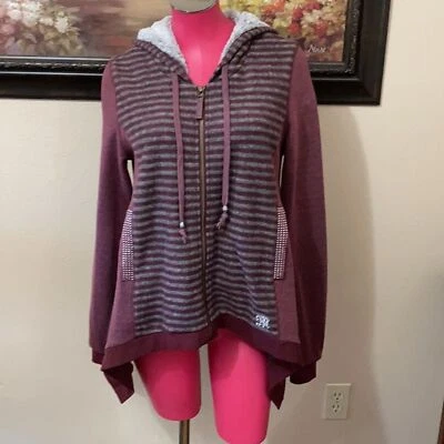 MISS ME JEANS SWEATSHIRT FULL ZIP HOODED JACKET FLEECE STRIPE BLING MAROON FUR - Image 1 of 4