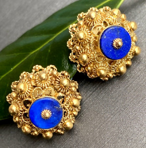 Lapis Lazuli 18K Yellow Gold Cannnetille Vintage Etruscan Revival Screw Earrings