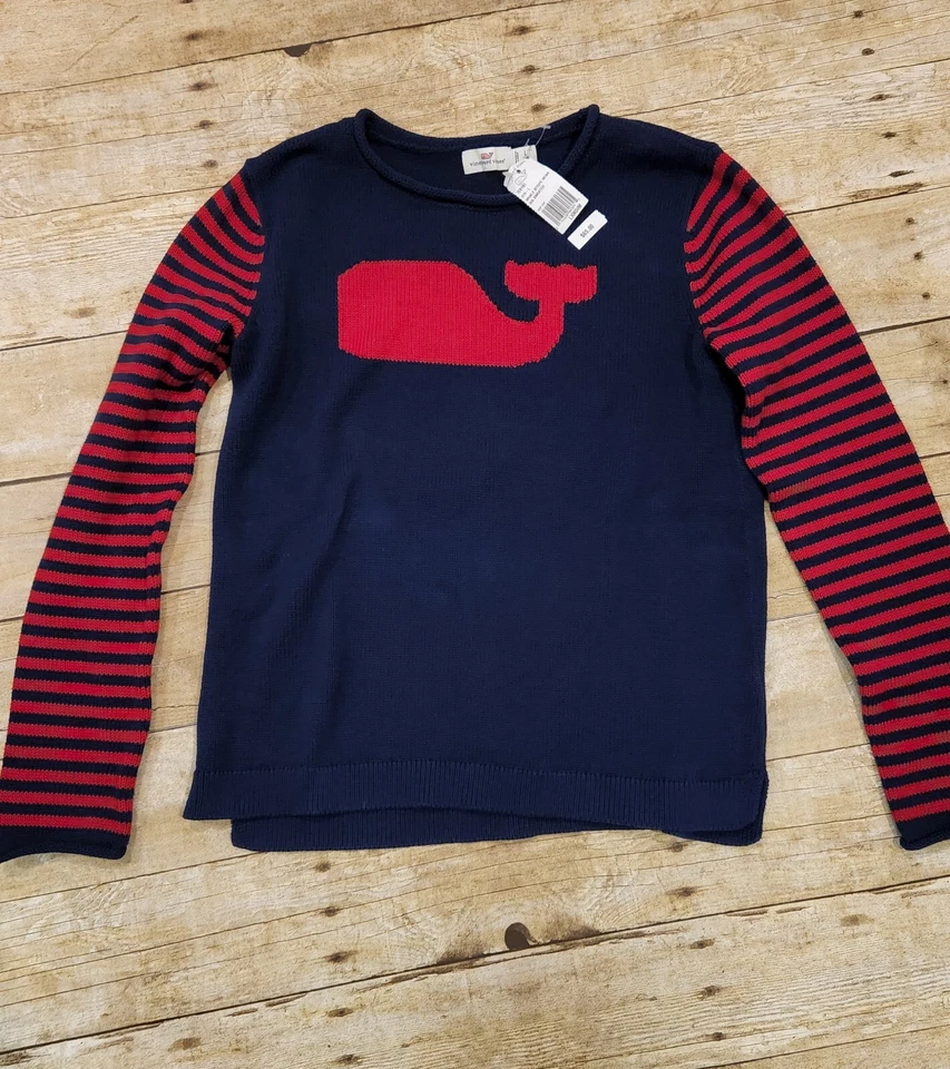 NUEVO CON ETIQUETAS VINEYARD VINES Suéter a Rayas Ballena Niñas Grande 14 Azul Marino/Rojo  Foto 1 de 1