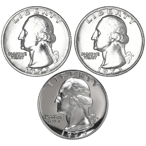 1973 P D S Washington Quarter Year Set Proof & BU US 3 Coin Lot Cover