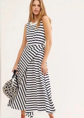 Vestido de playa Free People FP para mujer Capri a rayas midi azul marino blanco boho talla mediana Foto 1 de 4
