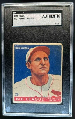 1933 Goudey (R319) Pepper Martin Rookie RC #62 Cardinals SGC Authentic - Image 1 of 2