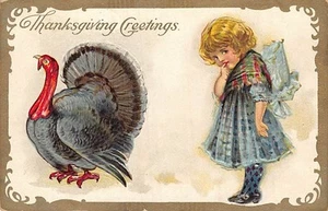 Postal: Saludos de Acción de Gracias, pavo y niña, DB de 1910 - Imagen 1 de 2