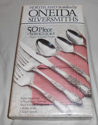 CAROLINA Stainless Oneida Northland Satin Hndl 50 pc Service For 8 w/ 2 Svg Pcs - Image 1 of 4