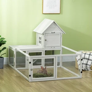 PawHut Rabbit Hutch, Guinea Pig Cage with Run & Tray, Indoor Use, Light Grey - Picture 1 of 11