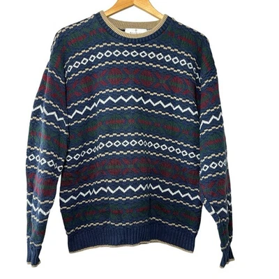 Suéter Tejido 3D Bill Blass Mena Años 90 De Colección M EE. UU. Algodón Esquí Lodge Fair Isle Retro Foto 1 de 4