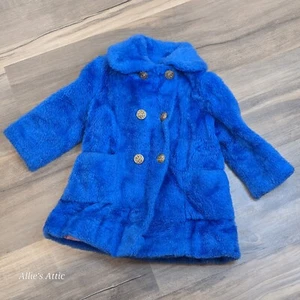 Girls Blue Gold Button Faux Fur Kids Vintage Coat Lined Peacoat Cachcach 5T* - Picture 1 of 9