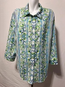 Alia Women Blouse Blue Green 22 W Plus Size Button Down 7/8 Sleeve - Picture 1 of 5