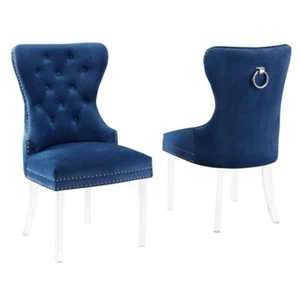 Tufted Navy Blue Velvet Side Chairs with Clear Acrylic Legs (Set of 2) - Picture 1 of 3