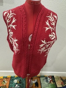 Coldwater Creek Ugly Christmas Sweater Vest Embroidered Red White Wool Size L - Picture 1 of 6