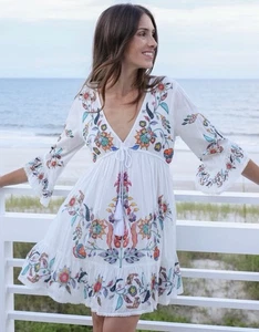National Life Cotton Floral Mini Dress Swim Cover Beach Resort Vacation Boho - Picture 1 of 7