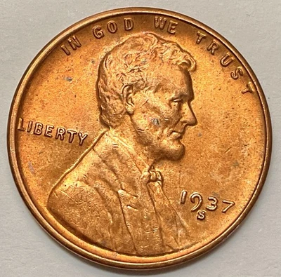 1937-S  Choice BU Uncirculated Red RD - Lincoln Wheat Cent ~ B207 - Image 1 of 2