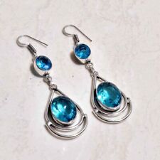 Blue Topaz Handmade Drop Dangle Earrings Jewelry 2.6" AE 2779