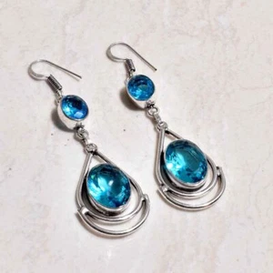 Blue Topaz Handmade Drop Dangle Earrings Jewelry 2.6" AE 2779 - Picture 1 of 1