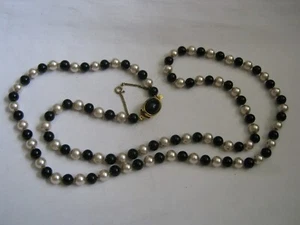 30" Knotted Black Bead & Pearl Necklace, Gilt Sterling IBA Clasp & Safety Chain - Picture 1 of 12