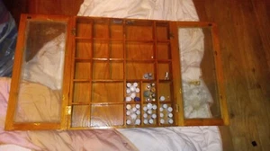 Thimble Case Wooden Wall Shelf Shadow Box 2 Doors W/ glass W/ 42 Thimbles - Picture 1 of 3