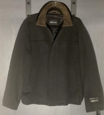 Jones New York Black Wool Coat Men's Sz L Quilt Lined Zip Leather Collar EXCELL