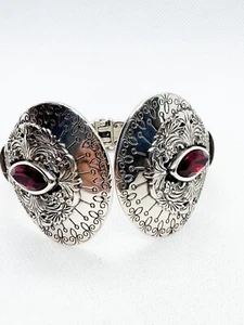 Brighton Rouge Lace Bracelet Silver Plate Open Cuff Hinged Red Navette Crystals - Picture 1 of 9