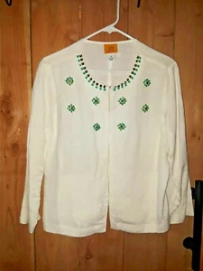 Ruby Rd Women's White Linen Jacket w Green Rhinestones Size 10 - Picture 1 of 2