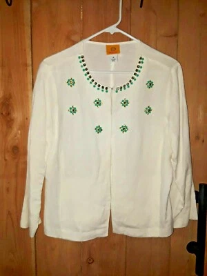 Ruby Rd Women's White Linen Jacket w Green Rhinestones Size 10 - Image 1 of 2