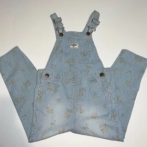 Oshkosh B'gosh Railroad Striped Flowers Vestbak Overalls Size 5 Girls Toddler - Picture 1 of 9