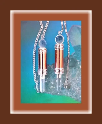 LARGE COPPER AND CRYSTAL DOWSING PENDULUM WAND WITH CHAKRA CHAIN AND POUCH