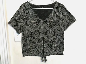 Lucky Brand Womens Blouse L Black Gray Blue Aztec Front Tie Shirt Short Sleeve - Picture 1 of 4