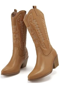 Cowgirl Cowboy Boots Women Chunky Block Heel Mid Wide Calf Boots Shoes US Size - Picture 1 of 5