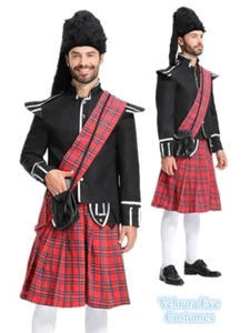 U-E3-1 Men's Scottish Highland Costume Black Jacket Red Tartan Kilt Hat - Picture 1 of 12