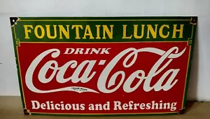 Drink Coca Cola Fountain Lunch Porcelain Enamel Sign 24 x 14 Inches - Picture 1 of 5