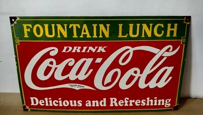 Drink Coca Cola Fountain Lunch Porcelain Enamel Sign 24 x 14 Inches - Image 1 of 4