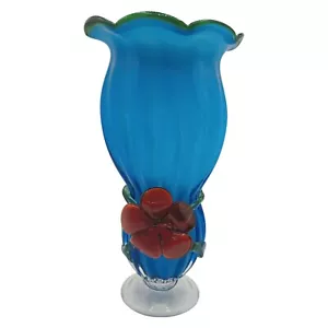 VTG Murano Style Art Glass Vase Cobalt Blue Applied Red Flower Green Stem & Rim - Picture 1 of 22