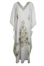 Boho Chic White Cotton Maxi Dress Kimono Embroidered Resort Wear Caftan Plus Siz