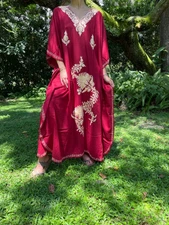 Boho Women Maroon Maxi Kaftan Dresses Embroidery Loose Beach Cotton Caftan 3XL