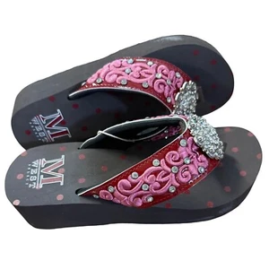 Montana West Women's Red with Pink Embroidery Flip Flops Rhinestone Concho NIB - Picture 1 of 6