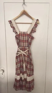 VINTAGE Apron Red Plaid Button Down Ruffle Sleeve Mid Length Dress Sz XS - Picture 1 of 5