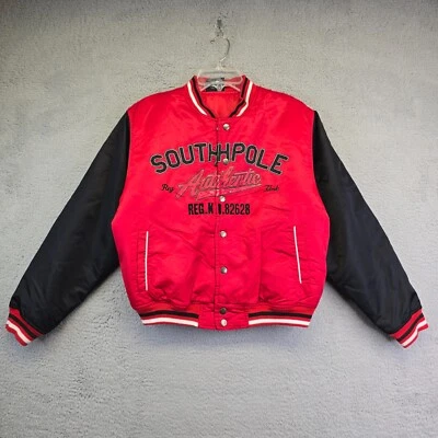 Southpole 缎面轰炸机夹克男孩中号 12/14 红色黑色 Snap Throwback Puffer — 第 1/4 张图片