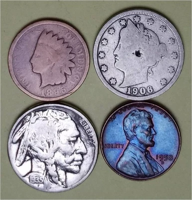 Lot of 4 Old Coins – 1 Indian Head Penny, 1 Lib V 5c, 1 Buffalo 5c & 1 Linc 1c - Image 1 of 2