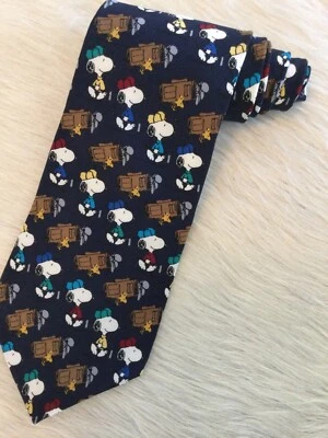 Gravata masculina Peanuts Golf Caddy Snoopy Woodstock seda azul feita nos EUA - Imagem 1 de 4