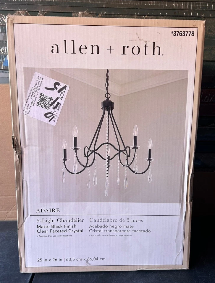 Allen + Roth Adaire Lámpara de araña tradicional negra de 5 luces con gota de cristal transparente Foto 1 de 1