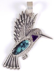 Tim Herrera Cochiti Pueblo Sterling Silver Hummingbird Pendant Peyote Variscite - Picture 1 of 9