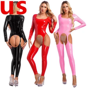 Sexy Womens Bodysuit Latex Catsuit Bodycon Tank Club Jumpsuit Leather Teddy - Picture 1 of 45