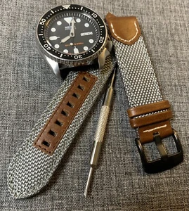 Canvas Leather Watch Strap - Dual Colour Grey / Brown PVD Steel 20/22mm - Picture 1 of 6