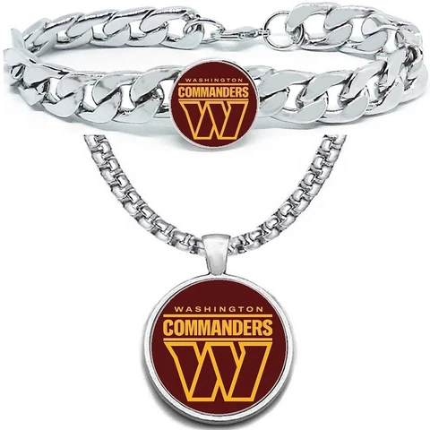 2PcSet Large Washington Commanders Mens Stainless 24" Necklace Bracelet D4D30 Cover